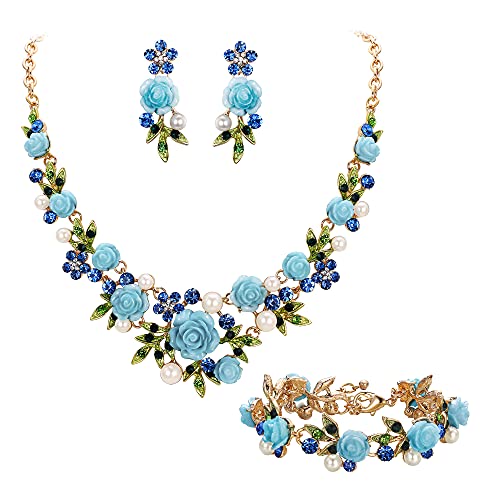 EVER FAITH Costume Jewelry Crystal Simulated Pearl Rose Flower Leaf Prom Party Statement Necklace Earrings Bracelet Set for Women - color: Blue Gold-Tone