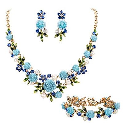 EVER FAITH Costume Jewelry Crystal Simulated Pearl Rose Flower Leaf Prom Party Statement Necklace Earrings Bracelet Set for Women - color: Blue Gold-Tone