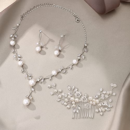 EVER FAITH Cubic Zirconia Pearl Leaf Vine Wedding Jewelry Set for Bride | Crystal Filigree Bridal Necklace Earrings, for Women Bridesmaid - color: 3pcs_Hair Comb