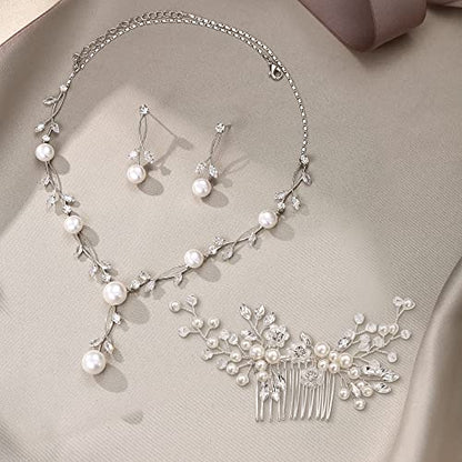 EVER FAITH Cubic Zirconia Pearl Leaf Vine Wedding Jewelry Set for Bride | Crystal Filigree Bridal Necklace Earrings, for Women Bridesmaid - color: 3pcs_Hair Comb