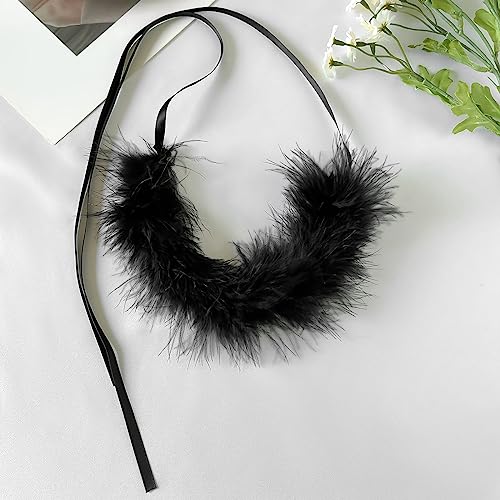 Winter Feather Choker Necklace Ribbon Fluffy Collar Necklace for Women Animal Villus Short Necklace Velvet Choker Party Birthday Costume Accessories Jewelry Gift - color: black