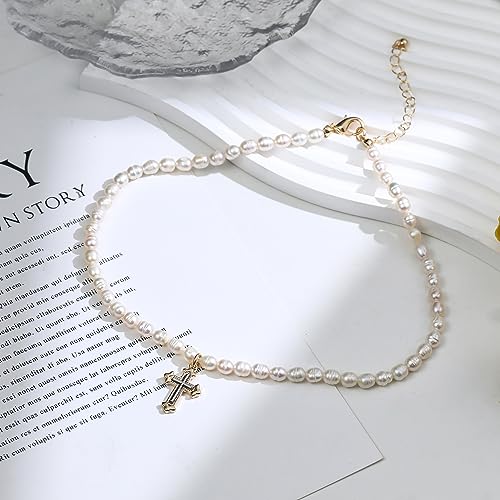 wgoud Natural Freshwater Pearl Choker Necklace for Women, Trendy 14K Gold Plated Pearl Necklaces Handmade Jewelry Gift - color: Cross Two-tone