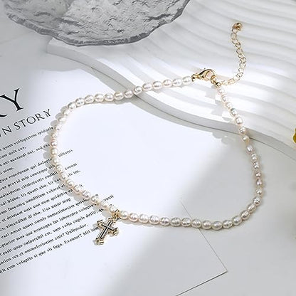 wgoud Natural Freshwater Pearl Choker Necklace for Women, Trendy 14K Gold Plated Pearl Necklaces Handmade Jewelry Gift - color: Cross Two-tone