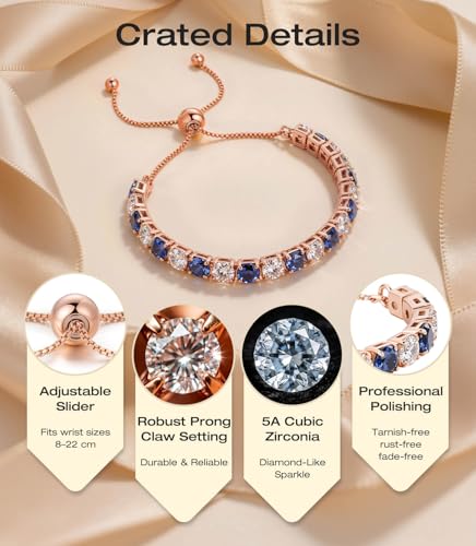 Lovans 14K Gold Plated Tennis Bracelets,White/Yellow/Rose Gold-plated Adjustable Cubic Zirconia Tennis Bracelet for Women - color: Rose Gold, size: 5MM Blue