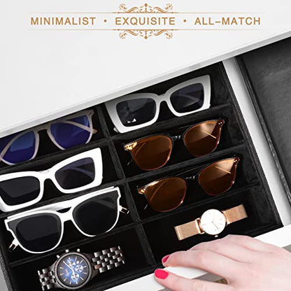 Emibele Glasses Organizer Jewelry Tray, 8 Grids Velvet Tray Watch Storage Stackable Jewelry Showcase Display Storage with Detachable Inner Dividers, Black | Detachable Glasses Eyeglasses Jewelry Watch Storage Showcase Display Tray, Black - style: C1- eigh