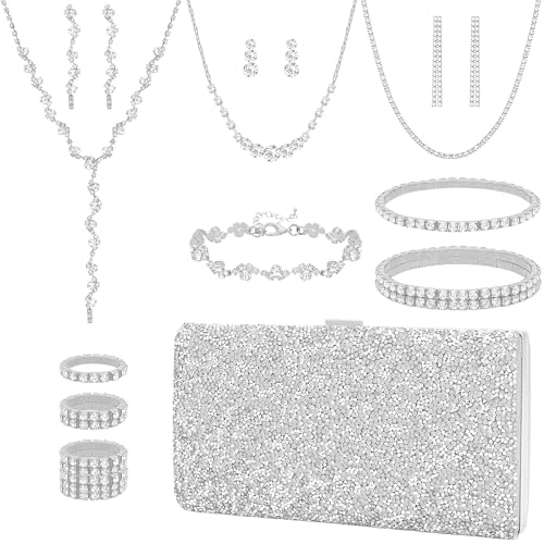 NEWITIN Purse Rhinestone Jewelry Set for Women Prom Jewels Crystal Clutch Purse Necklaces Rings Bracelets Earrings Gold Silver Jewelry Set for Women Bride - color: 16 Pieces Silver