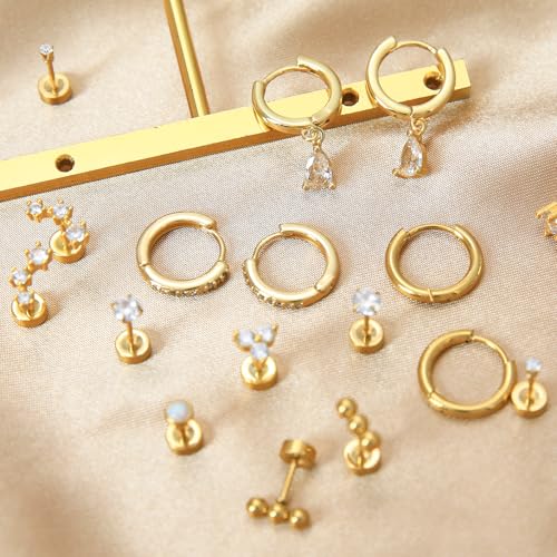 Stainless Steel Stud Earrings Set for Women Hypoallergenic Flat Back Cartilage Earrings Screw Back Huggie Hoop Earrings Multiple Piercing Cubic Zirconia Helix Tragus Jewelry - color: Set-F-14K Gold Plated