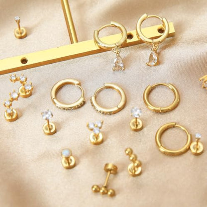 Stainless Steel Stud Earrings Set for Women Hypoallergenic Flat Back Cartilage Earrings Screw Back Huggie Hoop Earrings Multiple Piercing Cubic Zirconia Helix Tragus Jewelry - color: Set-F-14K Gold Plated