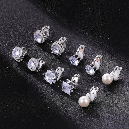 Cubic Zirconia Clip on Earrings - Women Hypoallergenic Comfortable Non Pierced Stud Earrings for Wedding and Dance Competitions, Clip-on Earrings Silver Gold - color: Silver