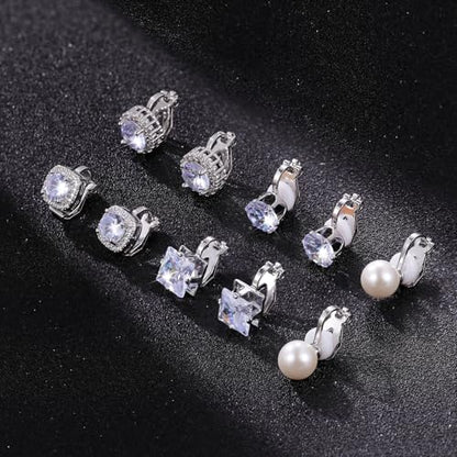 Cubic Zirconia Clip on Earrings - Women Hypoallergenic Comfortable Non Pierced Stud Earrings for Wedding and Dance Competitions, Clip-on Earrings Silver Gold - color: Silver
