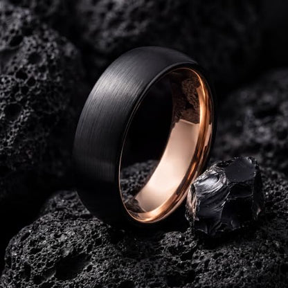 Tungsten Wedding Band Ring 10mm 8mm 6mm 4mm for Men Women 18k Rose Gold Plated Dome Black Grey Brushed Polished - color: 3 Rose Gold Black Tungsten