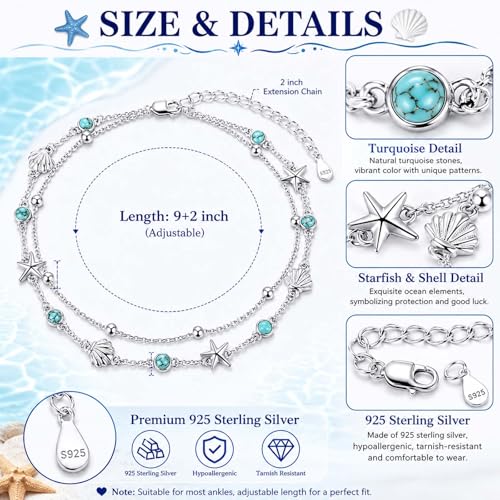 Midir&Etain Beach Anklet Sterling Silver Ocean Layered Rosary Anklet Turquoise Bracelet Double Chain Jewelry Summer Vacation Gift for Women Her - color: Starfish