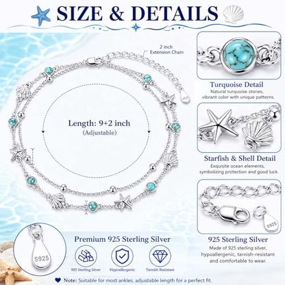 Midir&Etain Beach Anklet Sterling Silver Ocean Layered Rosary Anklet Turquoise Bracelet Double Chain Jewelry Summer Vacation Gift for Women Her - color: Starfish