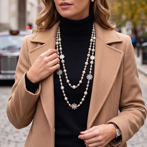 63" Long Pearl Necklace – Vintage Elegant Imitation Pearl Flower Strand, Fashion Layered Body Jewelry for Summer Dresses, Beach Cover-Up & Evening Outfits – Gift for Women