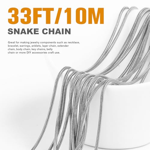 33FT 2mm Thin Stainless Steel Chains Snake Chains Bulk for Jewelry Making | Small 304 Stainless Steel Round Snake Chains Roll Spool for DIY Craft Necklace - color: 2mm Stainless Steel Round Snake Chains