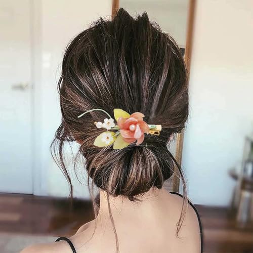 A Pair Wedding Hair Clips, Handmade Floral Design Crystal Hair Clips Pearl Barrettes, Rhinestones Flower Clips Pearl Headpieces Hair Pins Hair Accessories for Women Girls (Green&Pink) - color: Green&Pink