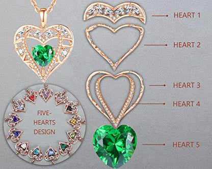 5 Heart I Love You Necklace for Women, Birthstone Crystal Pendant, Birthday Gift for Her, Wife, Mom, Rose Gold or Gunmetal Plated, 925 Sterling Silver Chain 18"+2" - color: 05-May-Emerald Green-Rose Gold Plated