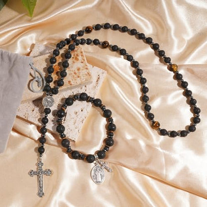 Rosary for Men Women, Natural Stone Beads with St. Benedict Bracelet | 8 mm Natural Stone Prayer Beads with 10 mm Accent Beads, St. Benedict Crucifix, Matching Bracelet, Gift Box and Pouch. - color: Lava Rocks