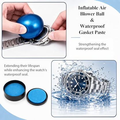 8 Pcs Watch Cleaning Kit includes Watch Cleaning Putty, Movement Cover, Waterproof Gasket Paste, Case Open Ball, Air Blower Blaster, Cushion Repair Tools for Watchmaker Watches & Jewelry Care Repair