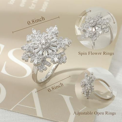 Cocktail Rings Silver Rose Flower Ring for Women Adjustable 18K Gold Plated Snowflake Open Wrap Wedding Statement Valentine Gift for Lover Wife Christmas - style: JZ06 Flower Ring-Rose