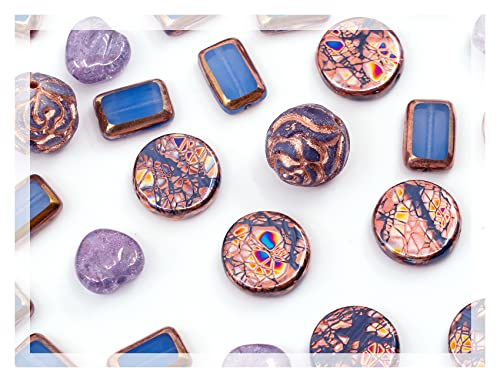 2.1oz (60g) of Glass Focal Bead Mix with Roses, Table-Cut and Cracked Czech Beads, PG Blue Copper Violet - color: Focal Copper Violet