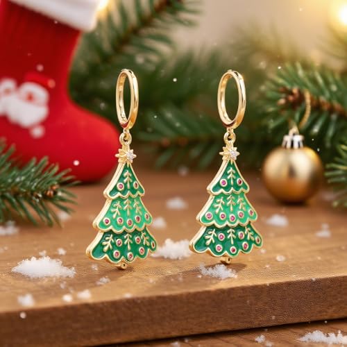 Sonateomber Gold Silver Small Hoop Dangle Earrings for Women, Trendy Dainty Rhinestone CZ Dangling Prom Wedding Leaf Flower Snowflake Butterfly Starfish Fashion Jewelry Gift - color: Green Tree