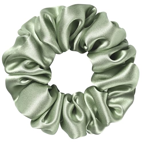 Silk Scrunchie 1.4" Medium Wide 6A 22 Momme 100% Mulberry Silk Hair Ties,Gentle on Hair No Damage No Crease for Women Girls Curly Thick Wavy Hair,Sample Fabric Provided (1, Sage Green) - color: Sage Green