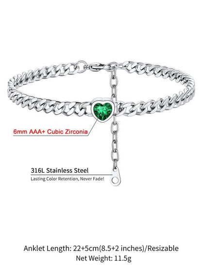 ChainsHouse Cuban Chain Anklets for Women with Heart Birthstone Jan - Dec | Stainless Steel Black Link Chain Ankle Bracelet with Birthstone, Beach Women Anklet 22cm-27cm Adjustable, with Gift Box - color: 05. May-Emerald-Steel