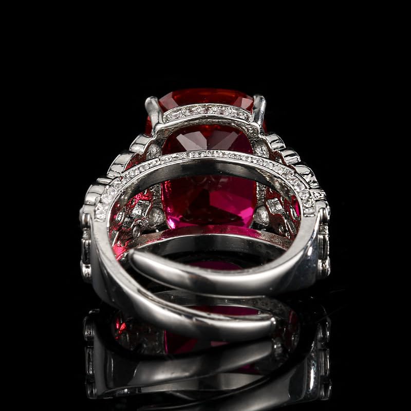 Cushion Cut Gem Cocktail Open Ring For Women, 2 Colors Ruby Sapphire Honeycomb Hollow Full Pave Crystal Formal Statement Ring - color: red