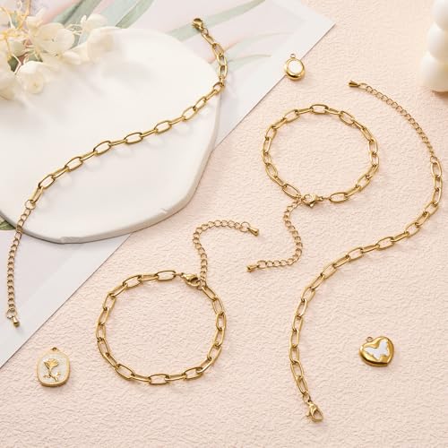 KYUNHOO 10pcs 6.7 Inches Gold Plated Paperclip Chain for Bracelet Making | Stainless Steel Jewelry Supplies for Bracelet DIY with Lobster Clasps and Chain Extension - color: round paperclip gold
