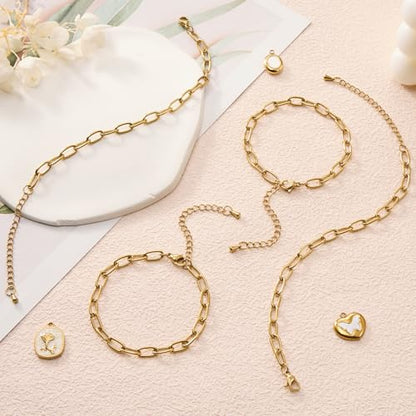 KYUNHOO 10pcs 6.7 Inches Gold Plated Paperclip Chain for Bracelet Making | Stainless Steel Jewelry Supplies for Bracelet DIY with Lobster Clasps and Chain Extension - color: round paperclip gold