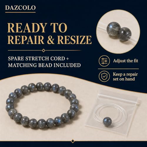 8mm Natural Crystal Stretch Bracelet | Handmade Round Stone Bead Bracelet, Runs Large, Meditation Yoga Gift for Women & Men - color: Labradorite