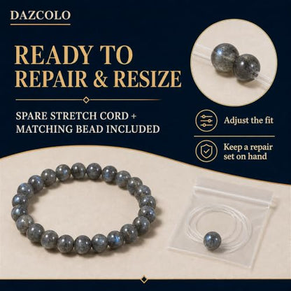 8mm Natural Crystal Stretch Bracelet | Handmade Round Stone Bead Bracelet, Runs Large, Meditation Yoga Gift for Women & Men - color: Labradorite