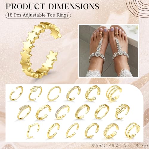 18PCS Toe Rings for Women | Non Tarnish Gold/Silver Rings Open Flower CZ Band Toe Ring Set Adjustable Ring Summer Beach Foot Jewelry Gifts - color: Gold