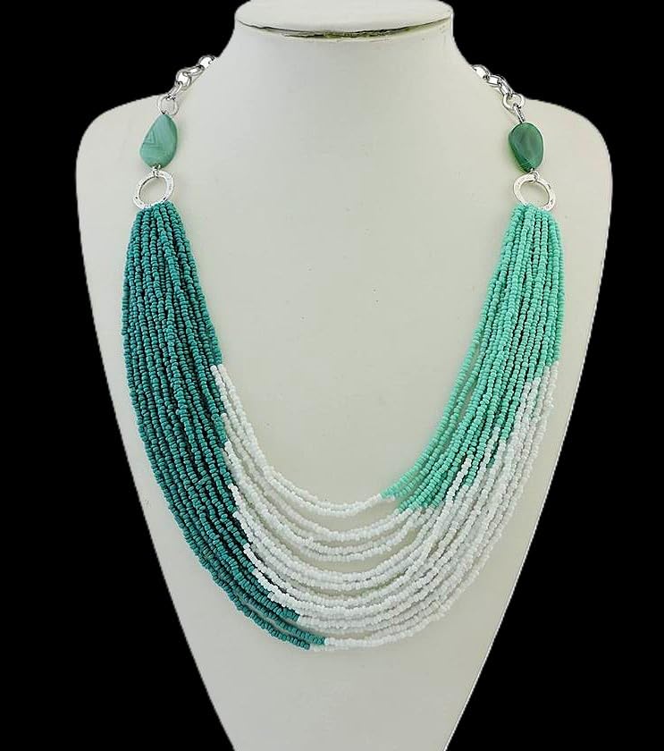 Turquoise Multi Strand Seed Bead Necklace for Women – Boho Chic Statement Necklace with Agate Stones – Layered Summer Jewelry