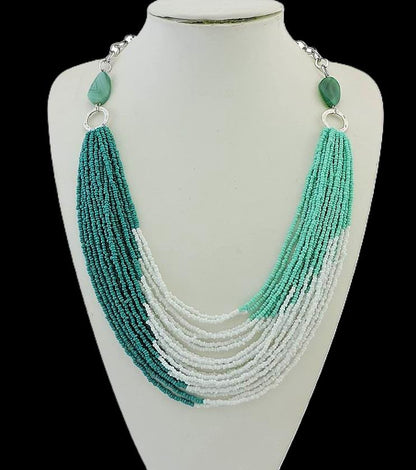 Turquoise Multi Strand Seed Bead Necklace for Women – Boho Chic Statement Necklace with Agate Stones – Layered Summer Jewelry