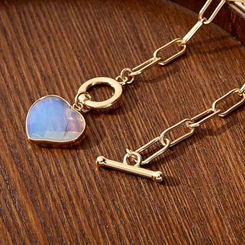 14K Gold Plated Two Sides Carved Stone Heart Shape Necklace for Women Love Pendant Necklace Jewelry for Daily and Gifts - color: Opal