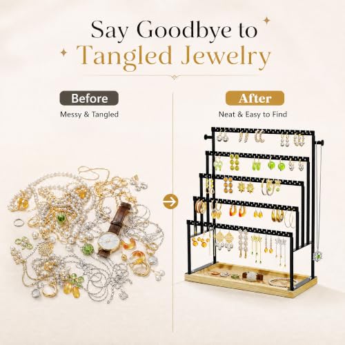 Large 5 Tier Earring Organizer and Holder, Black | 100+ pair earring storage, jewelry holder stand, clean white finish, ideal for bright bedrooms and modern vanities - color: Black