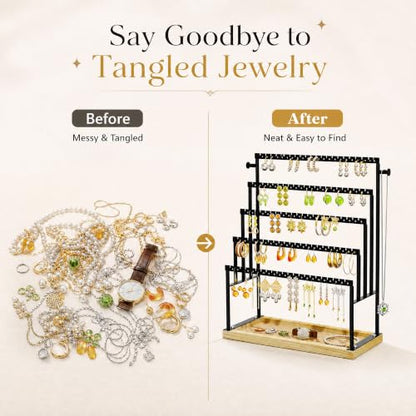 Large 5 Tier Earring Organizer and Holder, Black | 100+ pair earring storage, jewelry holder stand, clean white finish, ideal for bright bedrooms and modern vanities - color: Black