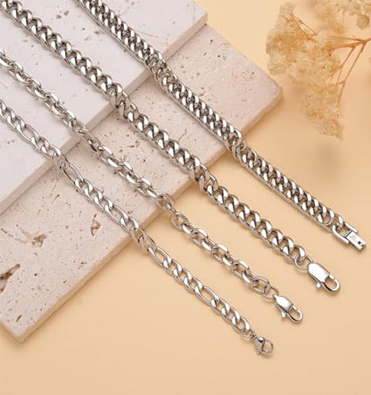 8Pcs Chain Bracelet Stainless Steel Curb Width Rope Figaro Cuban Link Paperclip Twist Chain Bracelets Set for Men Women 7.5/8.3/9.0 Inches