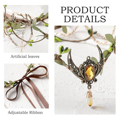 MOSTORY Woodland Elf Crown for Women - Medieval Elf Headpiece with Tassel for Renaissance Renfaire Fae Cosplay Viking Outfit - color: Gold-green