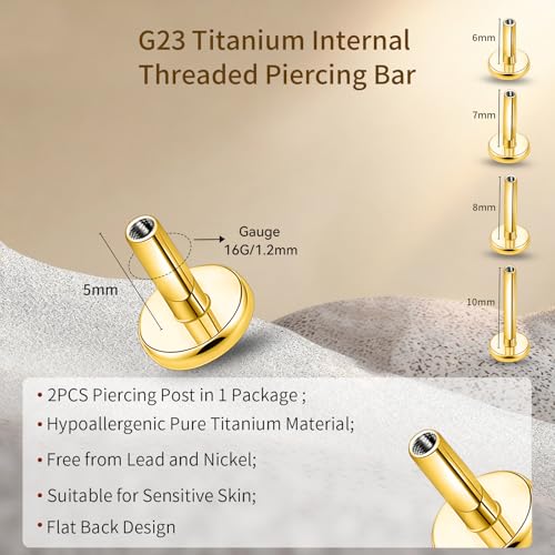 limerencia 16G/18G Hypoallergenic Internal Threaded Titanium Bar Post Replacement,Flat Back Stud Earrings Post Medusa Helix Couch Labret Bar for Women Men Sensitive Ears(A Pair) - color: gold tone, size: 16G-5mm