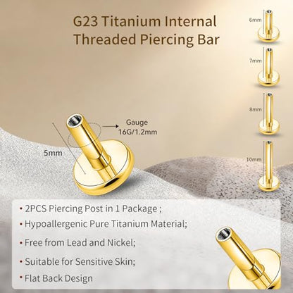 limerencia 16G/18G Hypoallergenic Internal Threaded Titanium Bar Post Replacement,Flat Back Stud Earrings Post Medusa Helix Couch Labret Bar for Women Men Sensitive Ears(A Pair) - color: gold tone, size: 16G-5mm