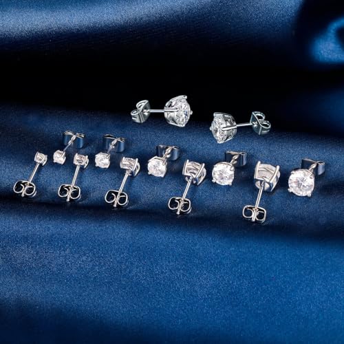 6 Pairs Cubic Zirconia Stud Earrings for Women/Men - Round Cut 4 Prong Settings 18K Gold Plated Hypoallergenic 3-8mm Clear Earrings Set - color: 3-8mm White Gold - Round 4 Prong