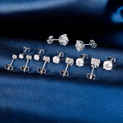 6 Pairs Cubic Zirconia Stud Earrings for Women/Men - Round Cut 4 Prong Settings 18K Gold Plated Hypoallergenic 3-8mm Clear Earrings Set - color: 3-8mm White Gold - Round 4 Prong