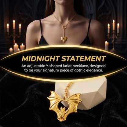 Slip Chain Necklace for Women Gothic Stainless Steel Bar Pendant Cuban Link Necklaces Adjustable Goth O Ring Long Necklaces Punk Rock Collar Choker Trendy Lariat Y Necklace - color: Gold bat