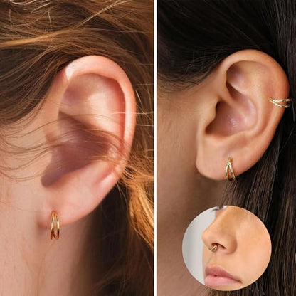 Cartilage Helix Conch Piercing Jewelry Gold Hoop Women Earrings | 2pcs, Huggie, Made of Stainless Steel, 14k Gold Plated, Hypoallergenic, Sparkly Cubic Zircon, Double Hoop design - color: Conch Gold, size: 16g-10mm