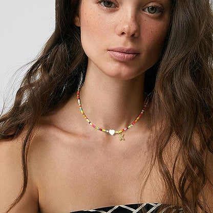 MJartoria Initial Necklaces for Women, Colorful Beaded Necklace, Shell Beach Necklace Letter Choker Handmade Jewelry Gifts - style: X