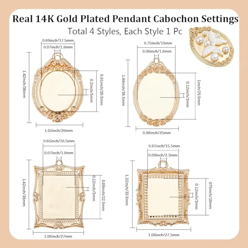 Beebeecraft 1 Box 4Pcs Pendant Trays Kit 14K Gold Plated Cabochon Settings Charms Blank Bezel Charm Round Oval Rectangle for Jewelry Making Necklace DIY Crafts - color: #3 Mix 4 Styles