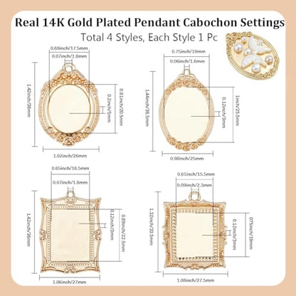 Beebeecraft 1 Box 4Pcs Pendant Trays Kit 14K Gold Plated Cabochon Settings Charms Blank Bezel Charm Round Oval Rectangle for Jewelry Making Necklace DIY Crafts - color: #3 Mix 4 Styles